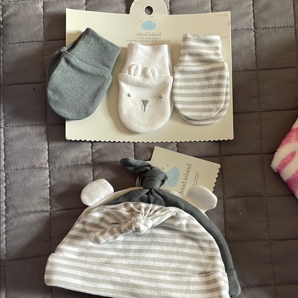 Cloud Island Gray and White Mittens and Hat Set